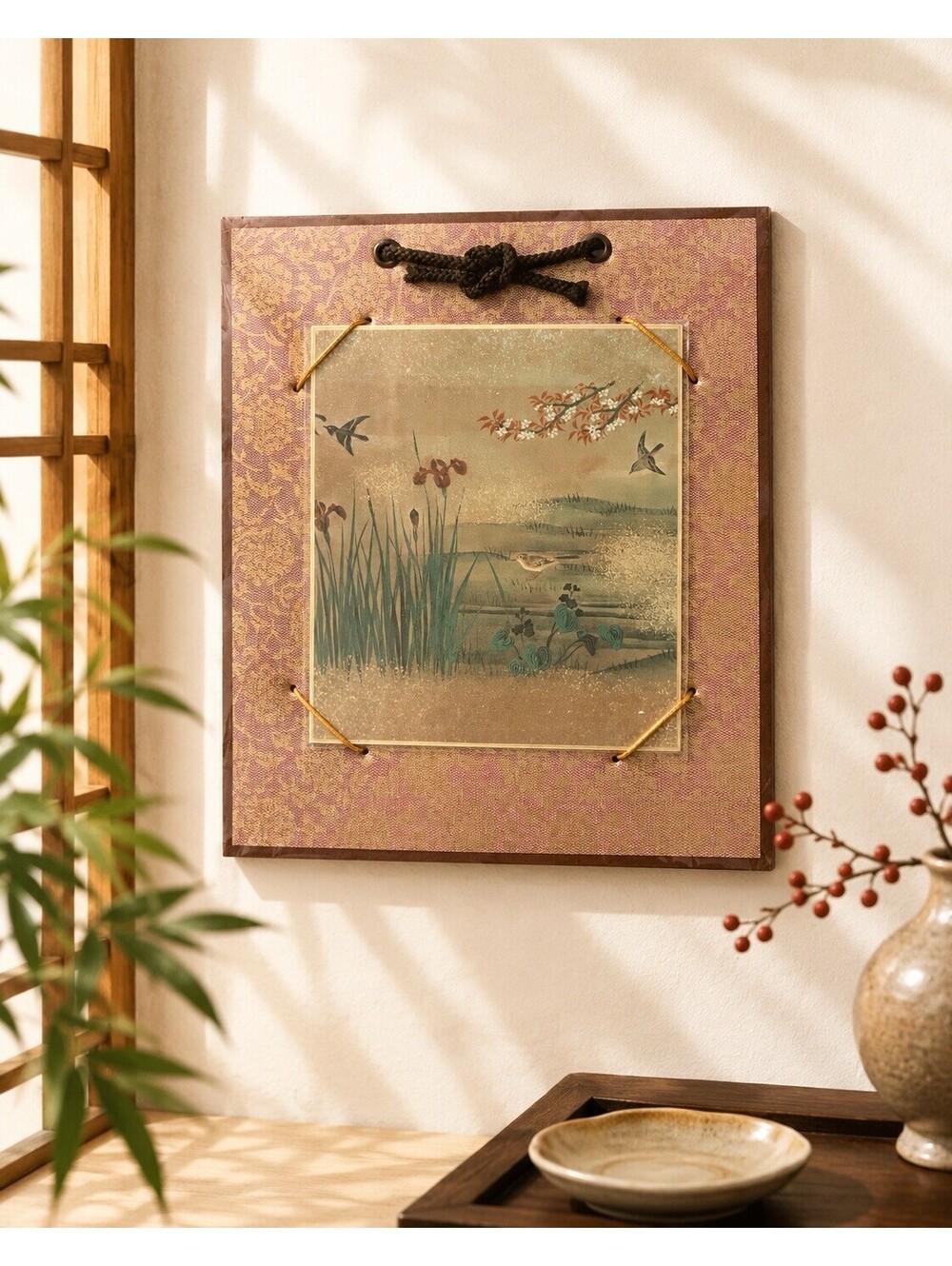 NEW Japanese Vintage 1980s Iris Watercolor Silk Brocade Wall Plaque, 7.5x8.5”